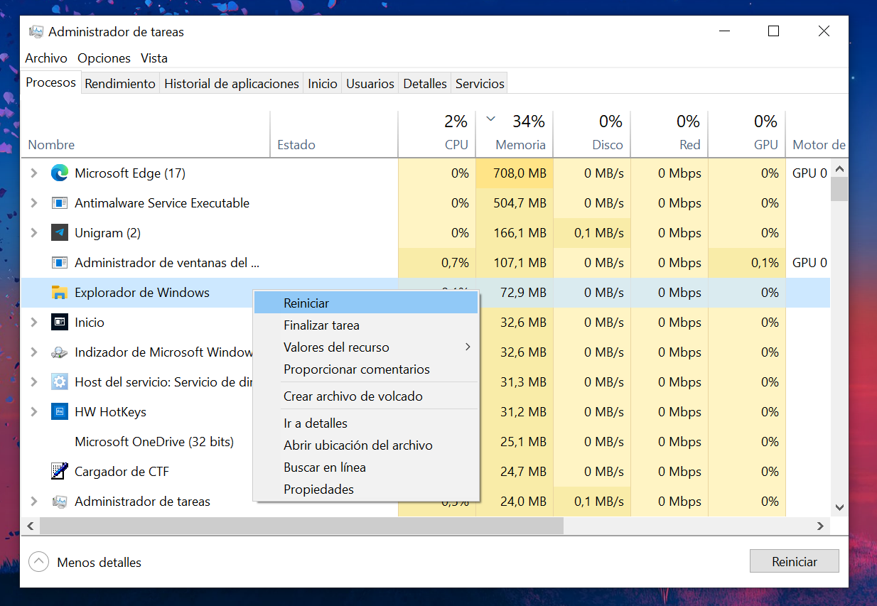 Pestaña Procesos del Administrador de tareas de Windows 10