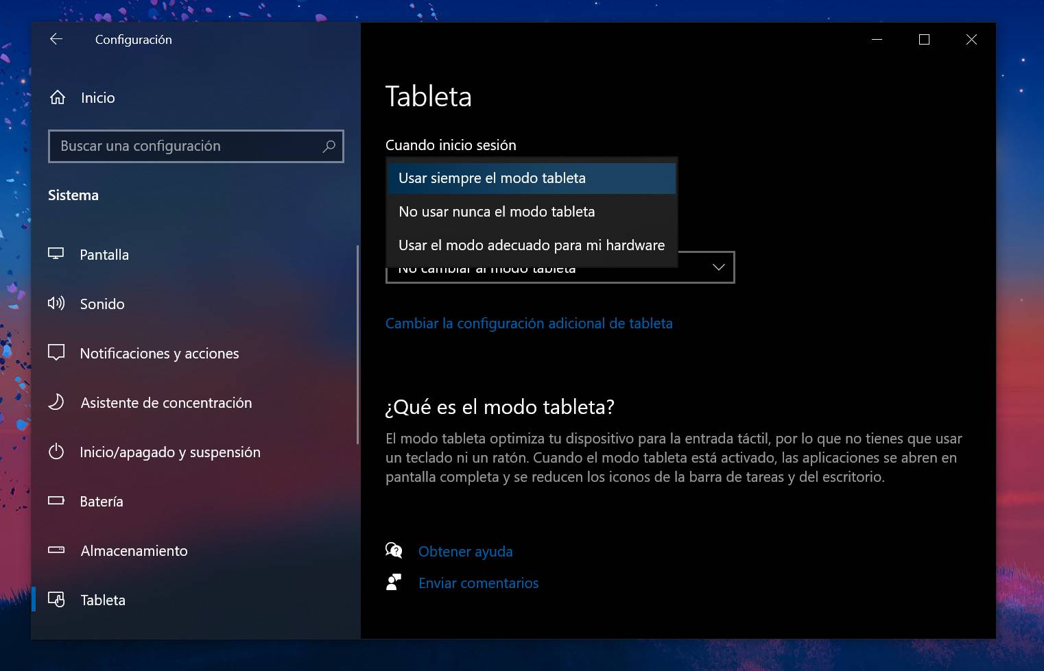 Cambiar al modo tableta en Windows 10