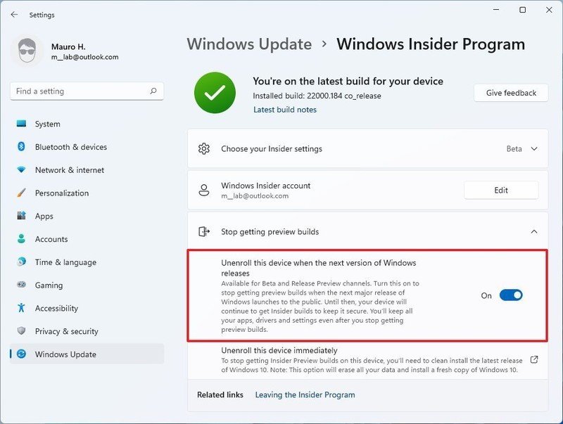 Exclusión voluntaria del programa Insider de Windows 11