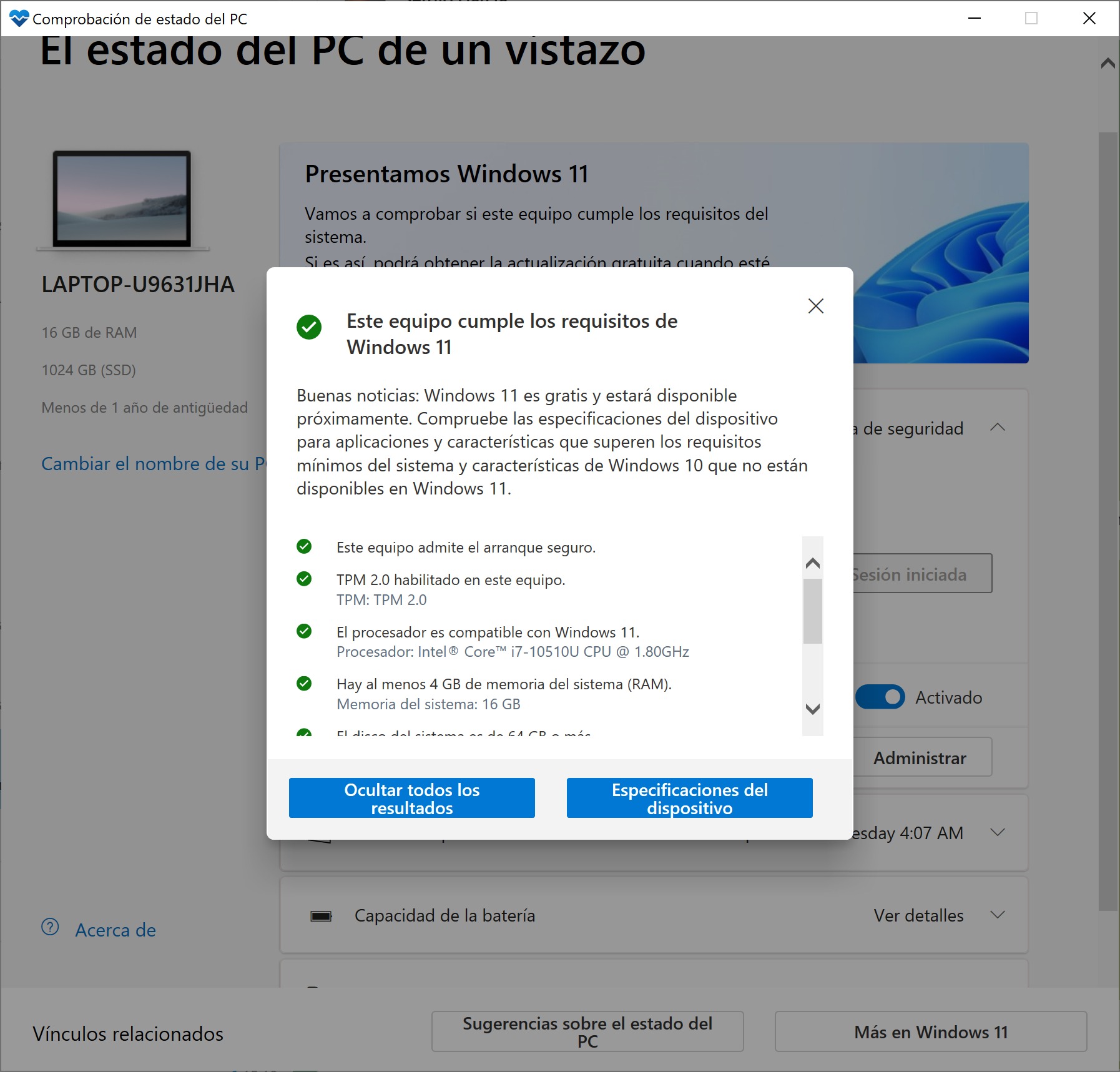 Una PC compatible con Windows 11 de acuerdo con Windows PC Health Check