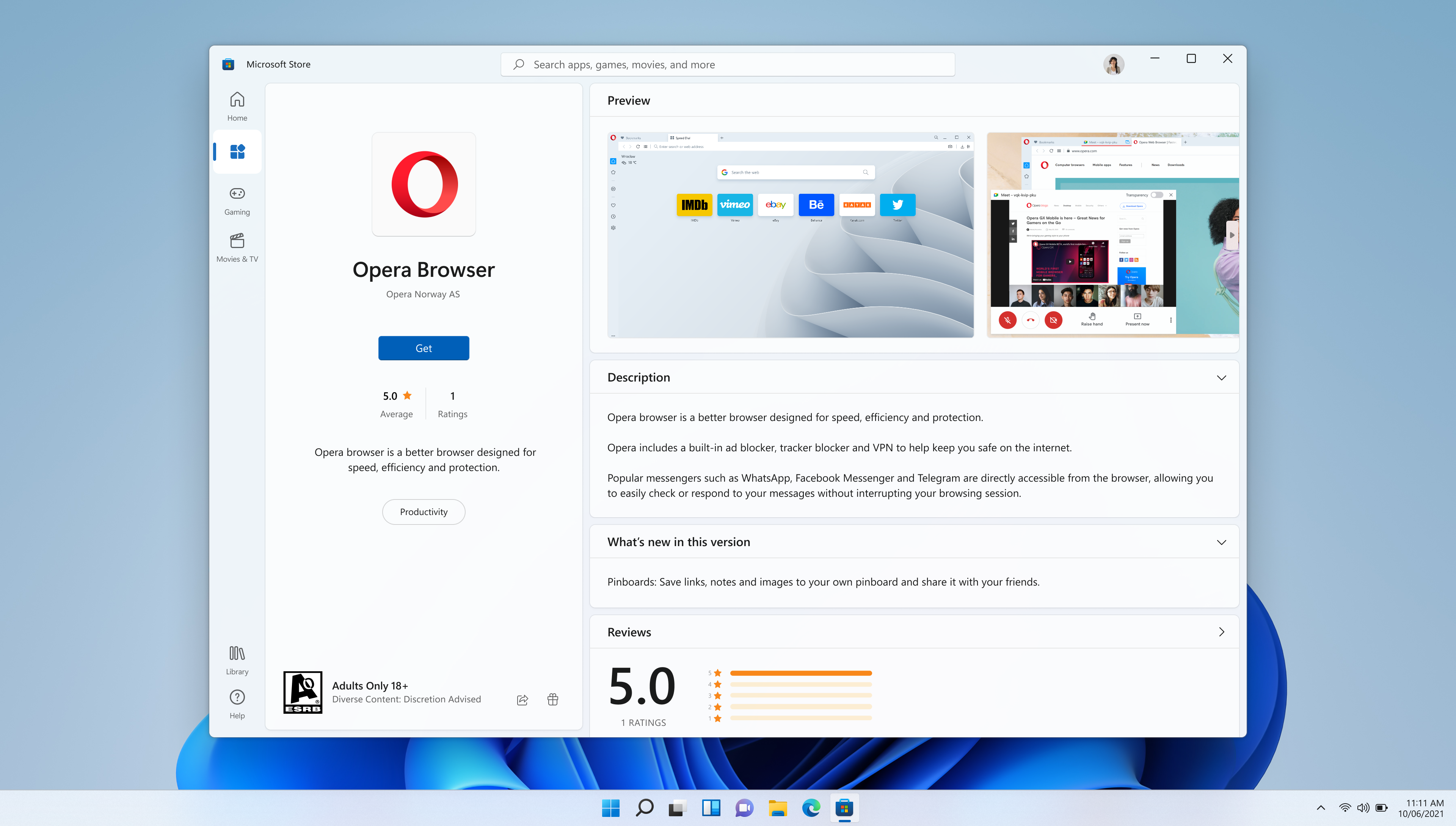 El navegador Opera en Microsoft Store